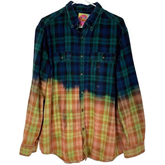 Jimi Hendrix Plaid Flannel Shirt Mens XL Unisex Bleached Handmade Green Blue - Picture 2 of 12